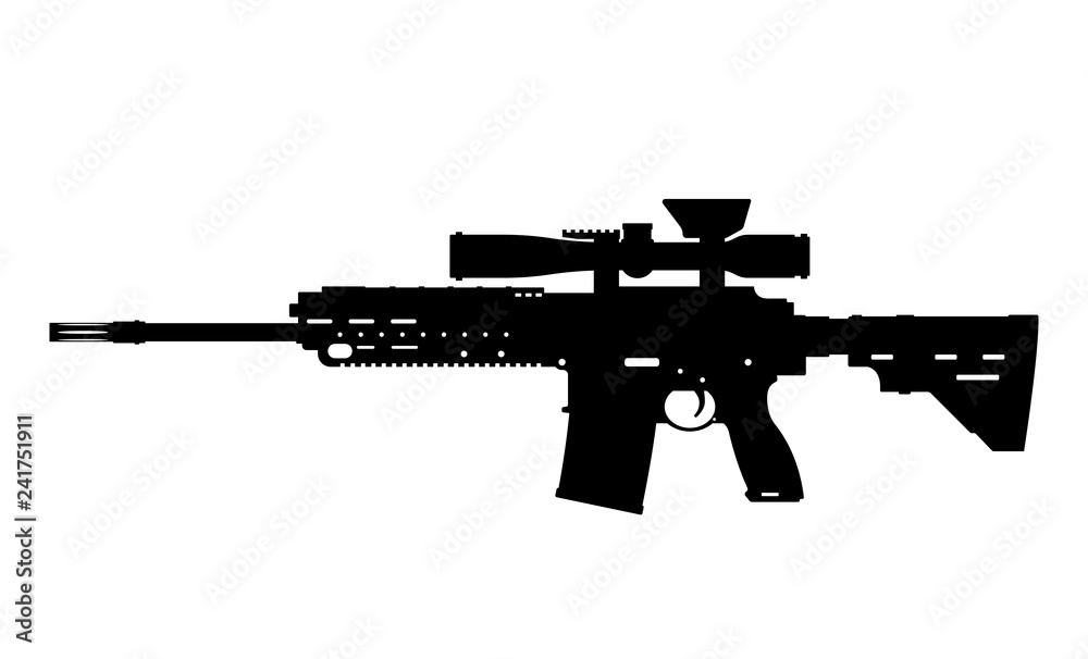 Black silhouette of machine gun with grenade launcher on white background. Automatic weapon of USA army. Military american ammunition. Isolated image of gun