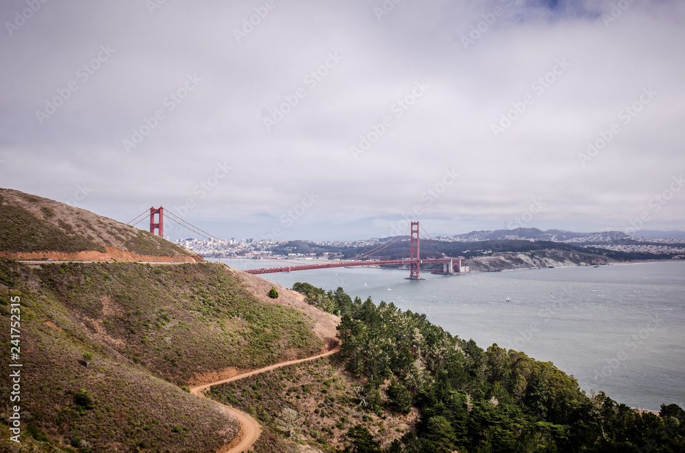 Wide angle view of the Golden Gate Bridge in San Francisco as seen from the Marin Headlands Wide angle view of the Golden Gate Bridge in San Francisco as seen from the Marin Headlands