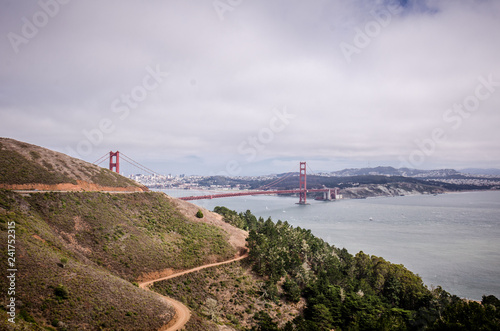Photography Wide angle view of the Golden Gate Bridge in San Francisco as seen from the Mari