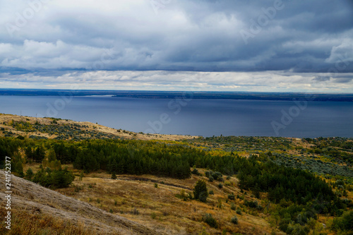 river, hills, forest, grass, trees, sky, nature, landscape