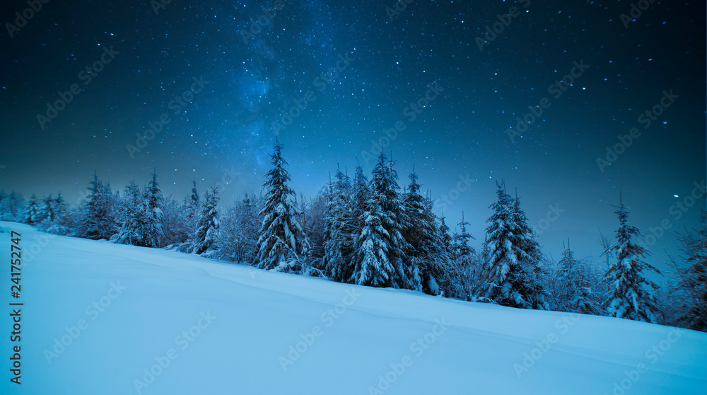 Fototapeta premium Tatry zimą nocą ze spadającymi gwiazdami, Polska