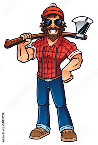 Mascot illustration of smiling lumberjack, standing and holding his axe.