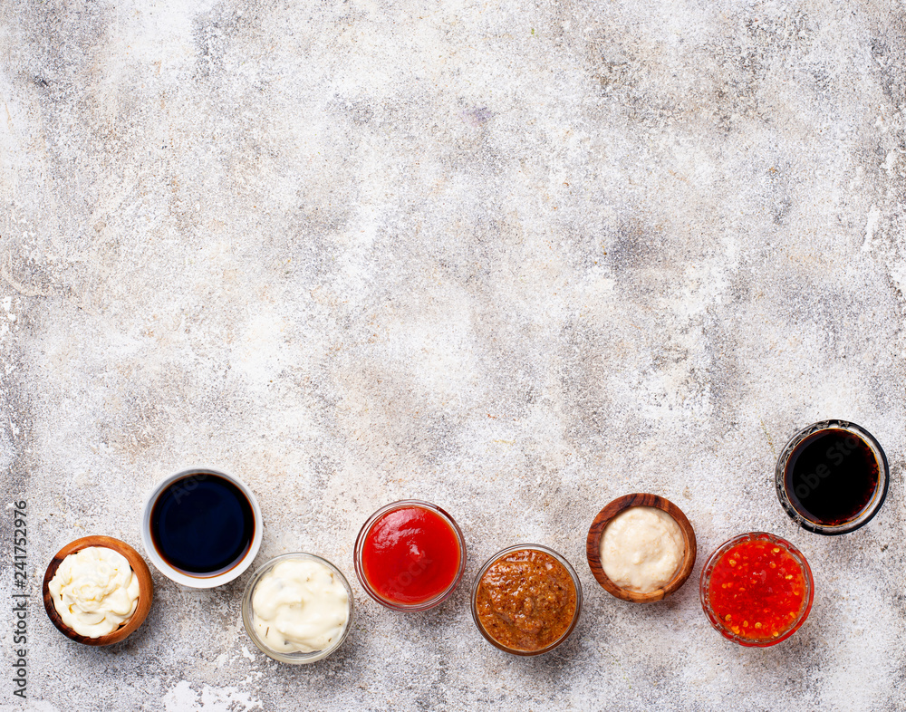 Ketchup, mayonnaise, mustard, horseradish, soy sauce and tartar Stock