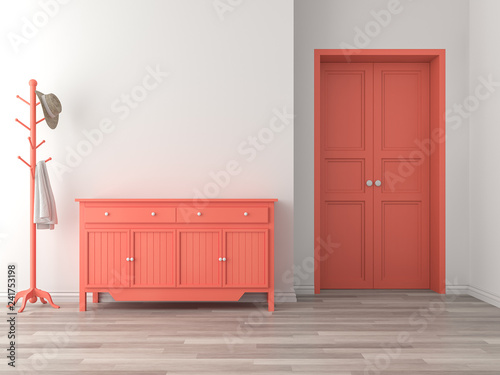 Empty room entrance hall interior with coral color concept 3d render,There are wood floor,white wall,orange empty cabinet and door.