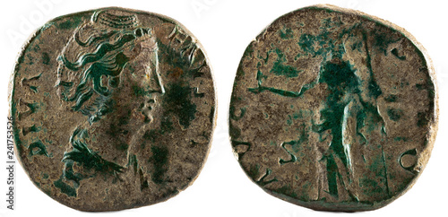 Ancient Roman bronze sestertius coin of Emperor Faustina I.