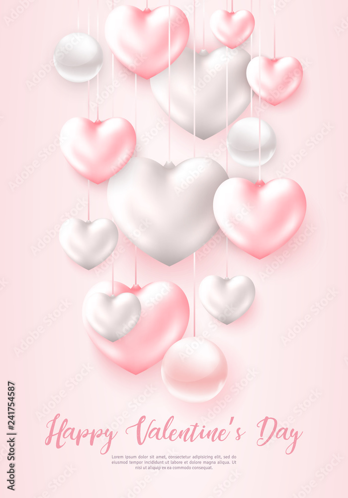 Happy Valentines Day holidays poster with 3d metall shiny colorful Hearts and pearls.