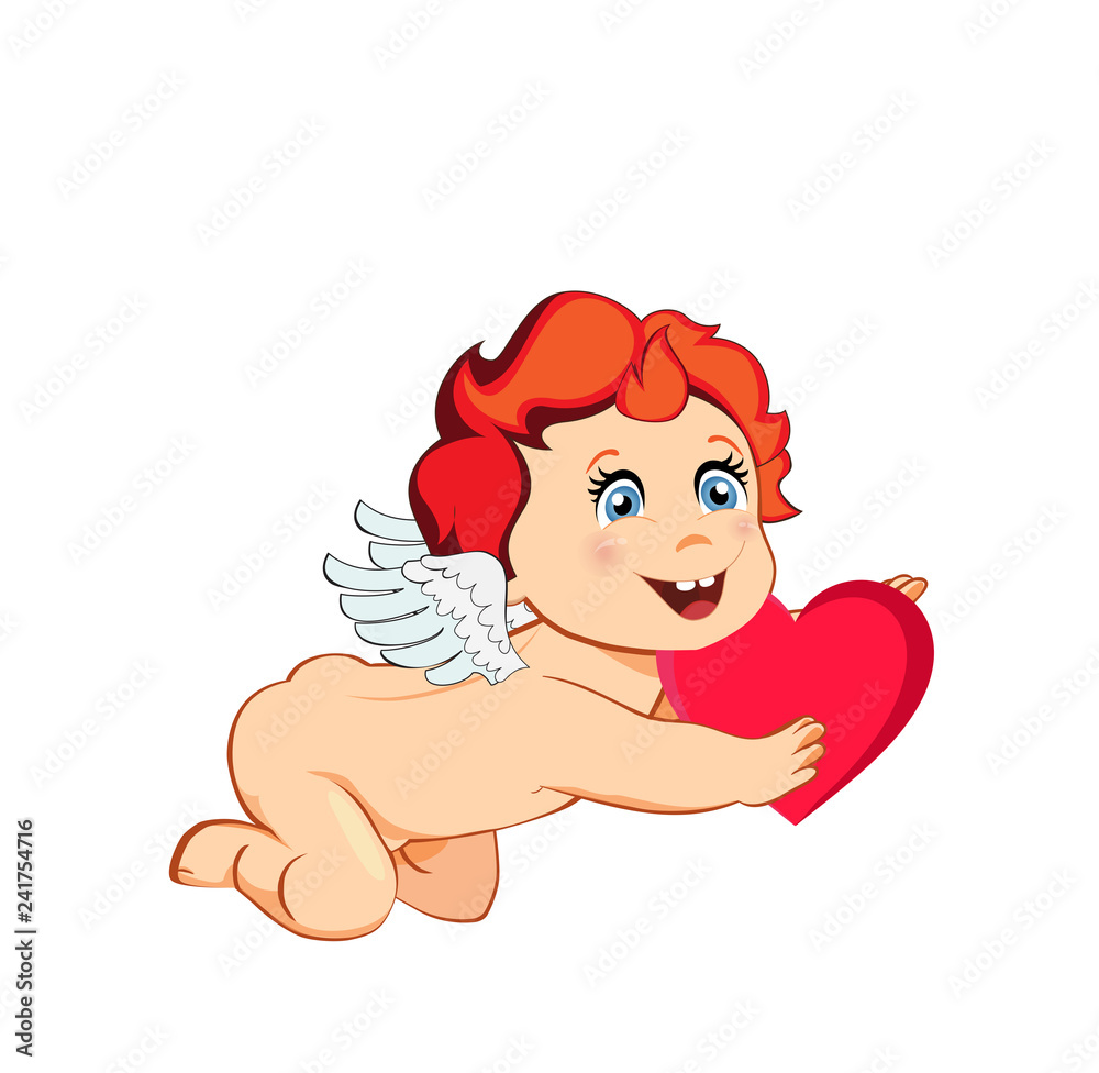 angel with ginger hair and white wings holding red heart in hand angel with ginger hair and white wings holding red heart in hand