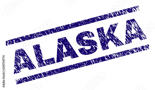 ALASKA seal imprint with scratced style. Blue vector rubber print of ALASKA text with corroded texture. Text tag is placed between parallel lines.