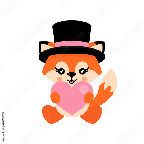 cartoon cute fox with heart and hat sitiing vector