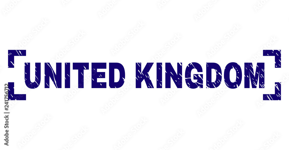 UNITED KINGDOM label seal print with corroded style. Text title is placed inside corners. Blue vector rubber print of UNITED KINGDOM with corroded texture.