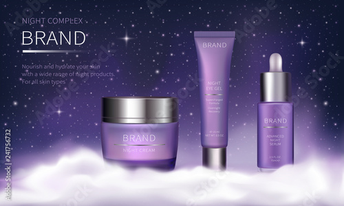 Night cosmetic series for face skin care, realistic vector. Glass jar of cream and serum, plastic tube with eye gel. Cosmetics standing on white fluffy cloud on purple background with shining stars