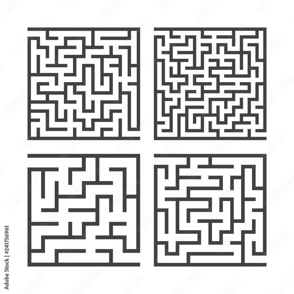 A set of square mazes of various levels of difficulty. Game for kids. Puzzle for children. One entrances, one exit. Labyrinth conundrum. Flat vector illustration isolated on white background.