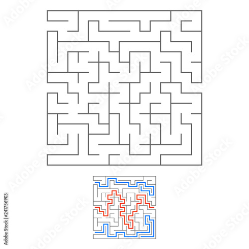 Abstract square maze. Game for kids. Puzzle for children. Labyrinth conundrum. Black flat vector illustration isolated on white background. With answer.