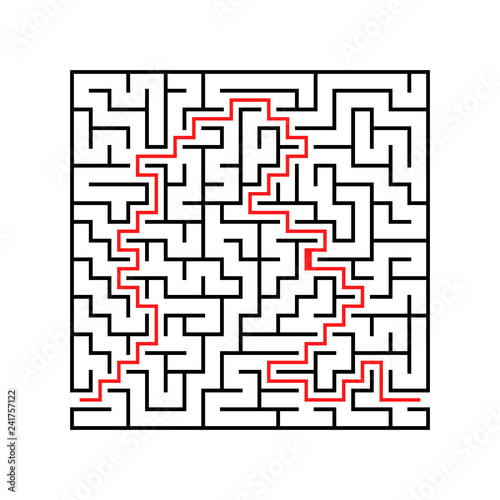Abstract square maze. Game for kids. Puzzle for children. One entrance, one exit. Labyrinth conundrum. Flat vector illustration isolated on white background. With answer.