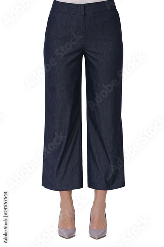 culottes jeans trousers on model legs with white stiletto heels