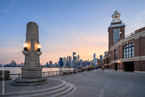 The landmark Navy Pier and the downtown skyline in Chicago IL.