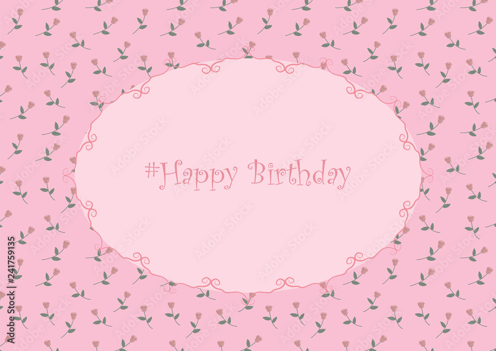 Pink simple vector floral card with monograms and a happy birthday greeting.
