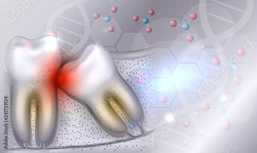 Wisdom tooth eruption problems illustrated anatomy on a beautiful light grey glowing biology background