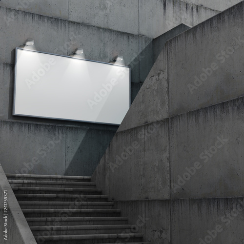Рекламный щит размещен на бетонном здании, ступеньки ведут к пустому рекламному щиту. 3d иллюстрация