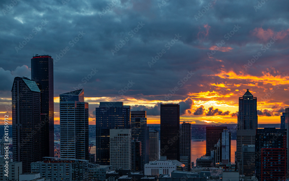 Sunset over downtown of Seattle, WA