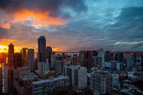 Sunset over downtown of Seattle, WA photo