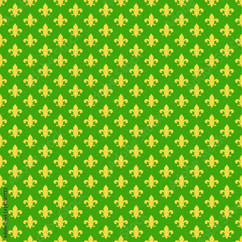 Fleur De Lis Seamless Pattern - Yellow fleur de lis design on green background for Mardi Gras