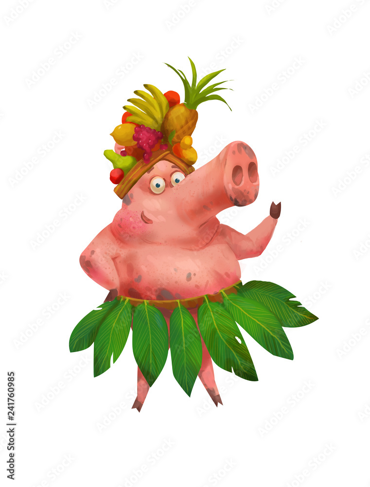Obraz premium Cute piggy in a costume of palm leaves and fruit on his head. Pig is a symbol of the Chinese 2019 New Year. Cute cartoon piggy.
