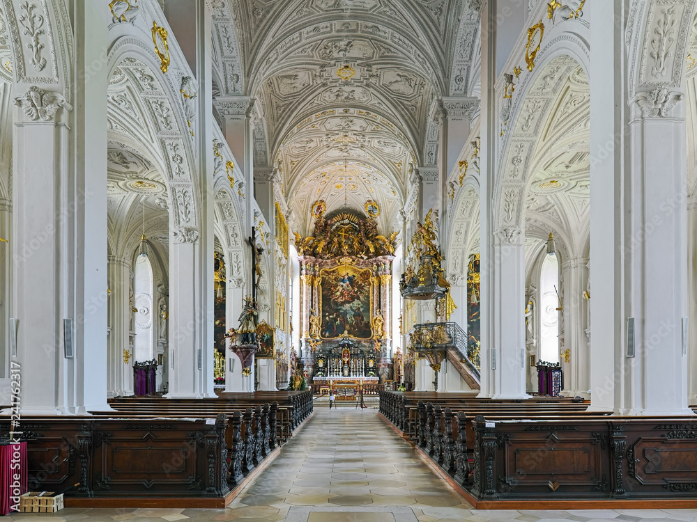 Interior of Hofkirche (Court Church) in Neuburg an der Donau, Germany. The present church was built in 1607-1608 by design of the Swiss painter, draftsman and architect Joseph Heintz the Elder.