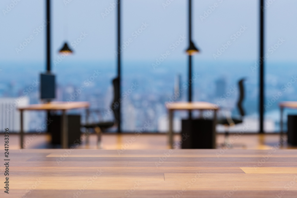 Obraz premium Close up of empty wooden table, blurry colorful modern office interior background, copy space, 3D Illustration