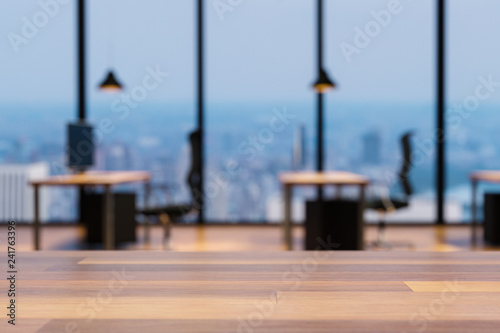 Close up of empty wooden table, blurry colorful modern office interior background, copy space, 3D Illustration