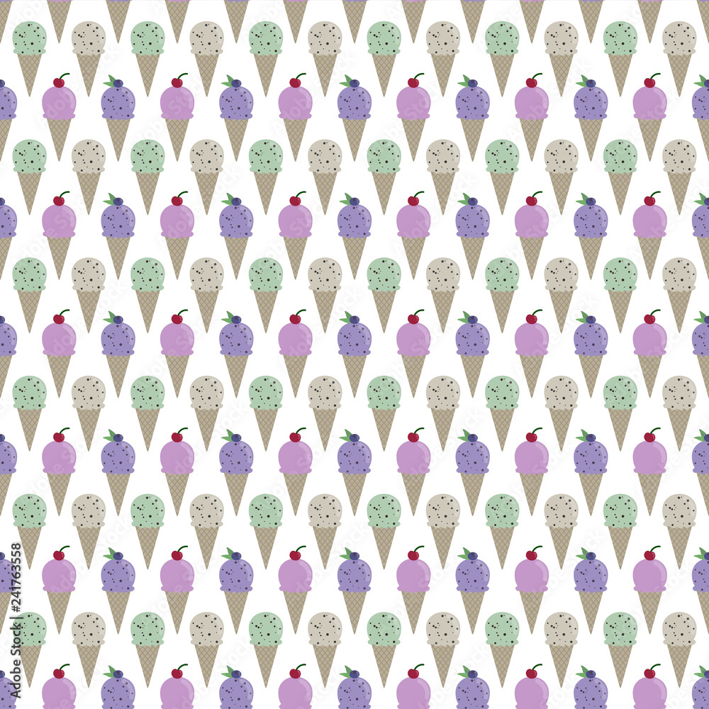 Ice Cream Seamless Pattern - Strawberry, blueberry, mint chocolate chip, and cookies and cream ice cream cones on white background