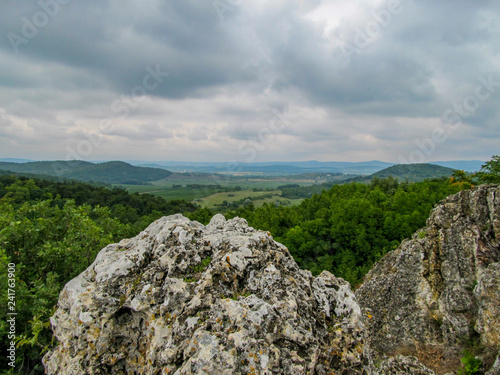 Panorama of the peninsula Tihany, Hungary, country side.Blick on the Benedictine abbey and the crater lake Belsö tó with deep gray clouds
