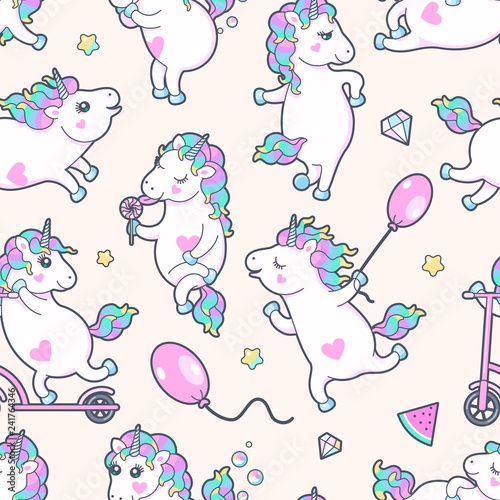 Vector seamless pattern with cute little unicorns