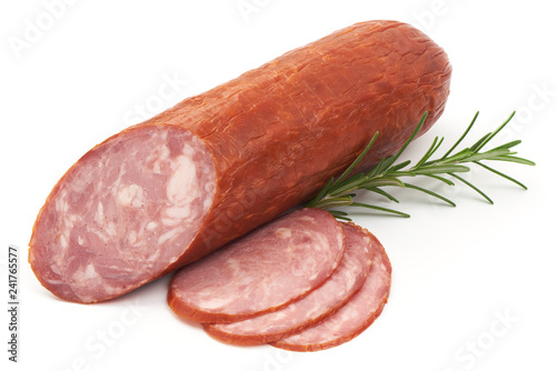 Smoked Ham Sausage with slices, close-up, isolated on a white background