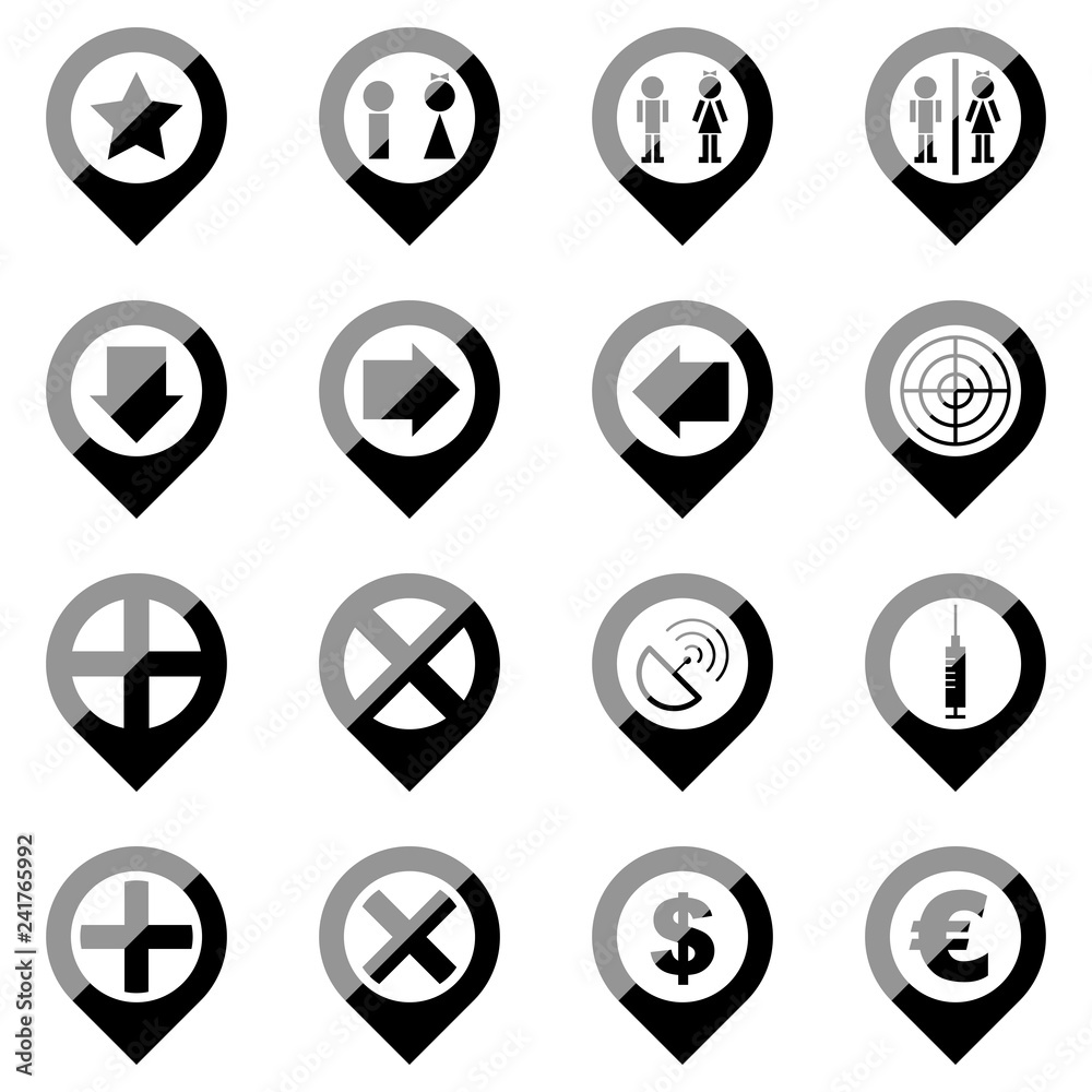 Location, navigation and map related grayscale icon set. Concept of travel,  journey, tourism and wide variety of poi landmarks of target destinations.  Stock Vector | Adobe Stock