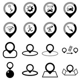 Location, navigation and map related grayscale icon set. Concept of travel, journey, tourism and wide variety of poi landmarks of target destinations.