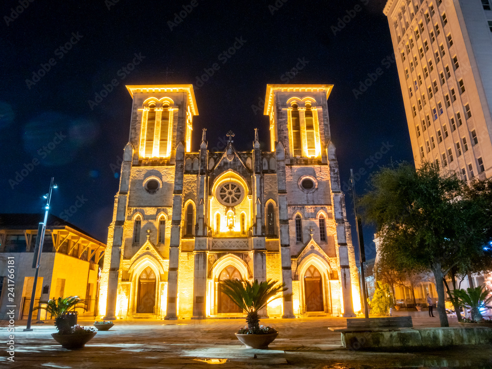 The San Fernando Cathedral in Downtown San Antonio at Night