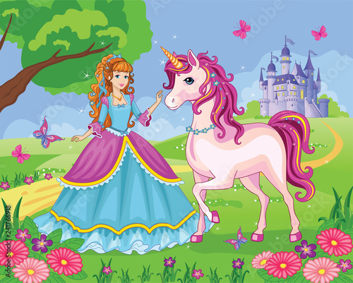 Beautiful princess and white unicorn on the background of the palace. Wonderland. Flower meadow. Children's illustration. Vector.