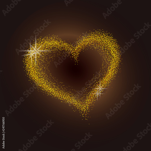 Gold dust gem heart on dark background. Beautiful Valentines day vector greeting card. Golden holiday poster with diamonds  jewels. Valentines web banner  flyer.