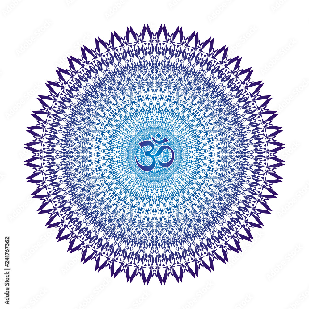 Obraz premium Openwork circular mandala of blue colors circles with Aum/ Om / Ohm in center. Vector circular pattern, background.
