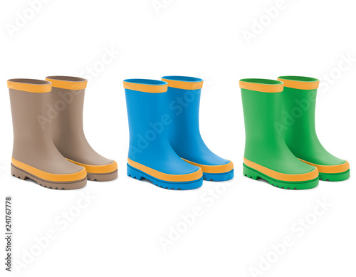 Waterproof rain rubber boots set. Realistic Vector 3d illustration of colored rain boots.