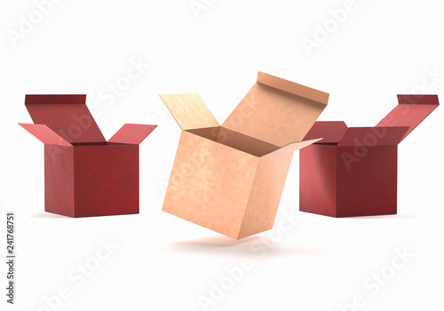 Open gift golden and red box cardboard mockup. Open carton cardboard box container package for delivery shipping. Present box isolated on white background. 3d Rendering.