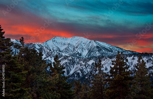 Mt. Baldy during a winter sunrise as seen from Inspiration Point along the Pacific Crest Trail in the Angeles National Forest CA.