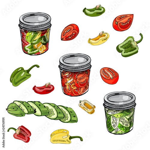 Set of assorted homework of vegetables. Red, green and yellow tomatoes, cucumber and  peppers  isolated on white background.Sliced elements in jars.