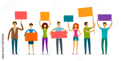 Crowd of people with banner and poster walking on manifestation. Demonstration, rights, parade vector illustration