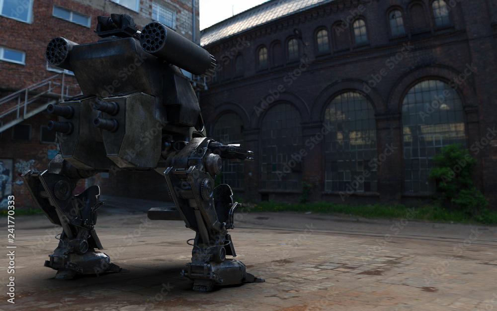 3D Illustration Of A Futuristic Rusted Armored Robotic Weaponized Mech War Vehicle 3D Illustration Of A Futuristic Rusted Armored Robotic Weaponized Mech War Vehicle