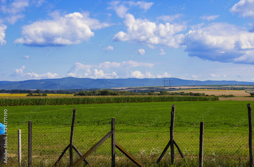 Fields against the backdrop of mountains and blue sky with clouds