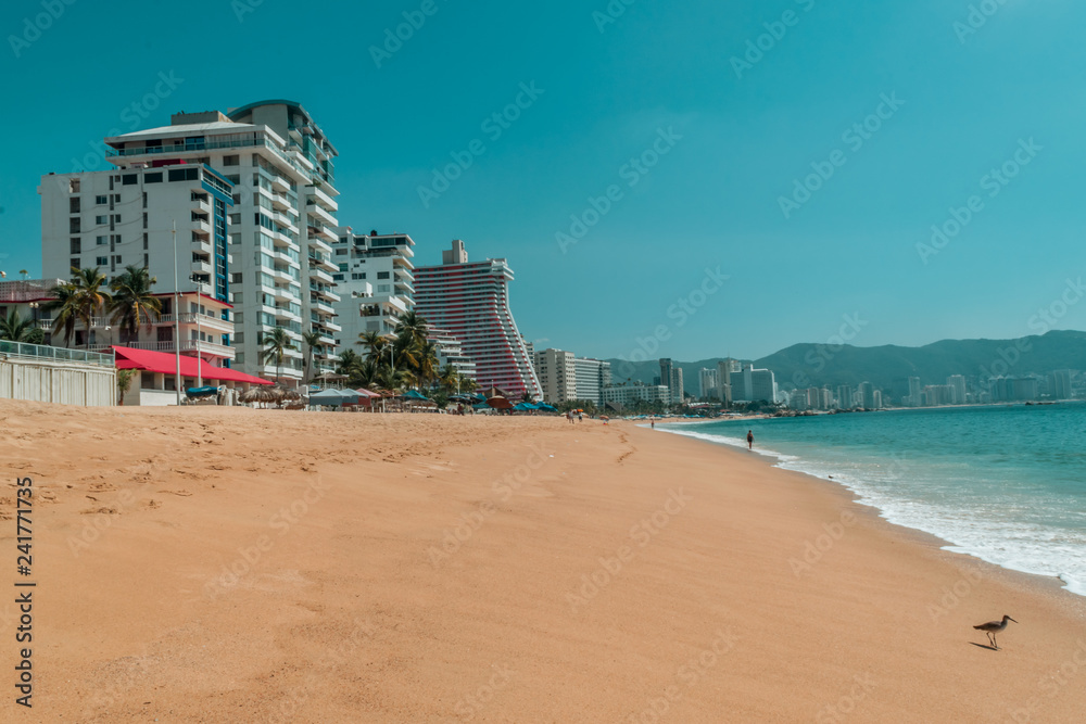 Full shot of hotels located at the edge of the sea in Acapulco.