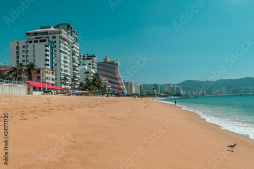 Full shot of hotels located at the edge of the sea in Acapulco.