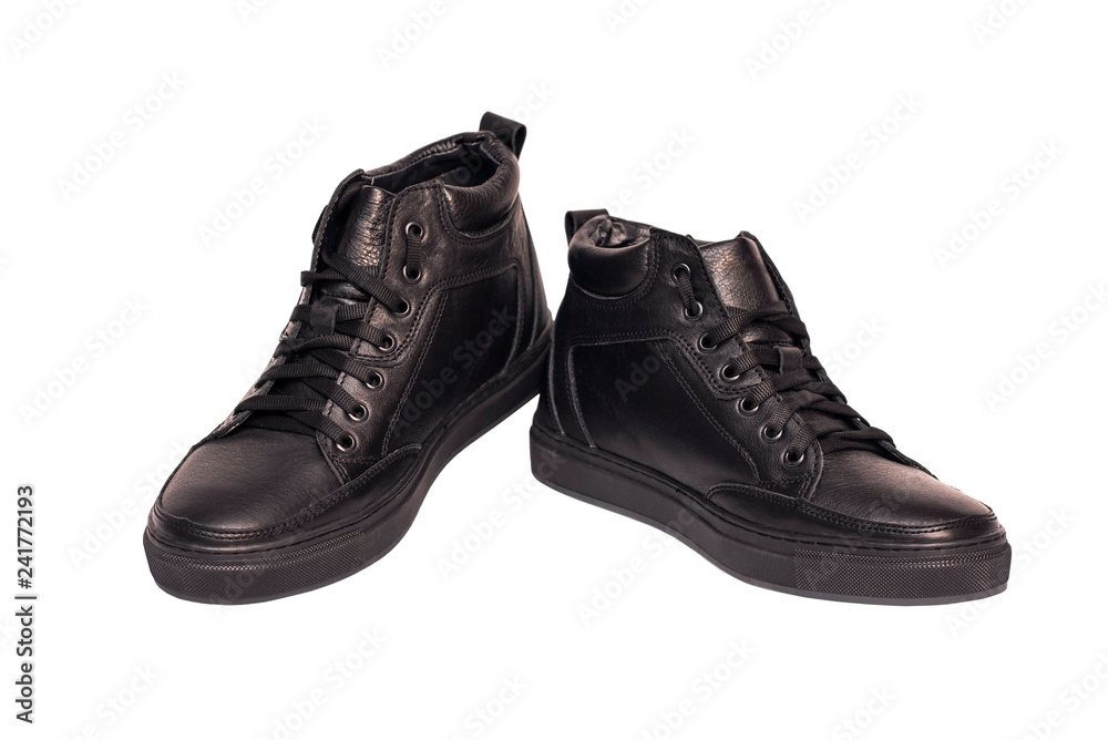 Leather black winter boots for men on a white background comfortable and warm in the cold, do not get wet in the rain Leather black winter boots for men on a white background comfortable and warm in the cold, do not get wet in the rain